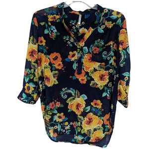 DNA Couture Blue Sunflower Print Hi Low Floral Long Sleeve Tunic sz Large